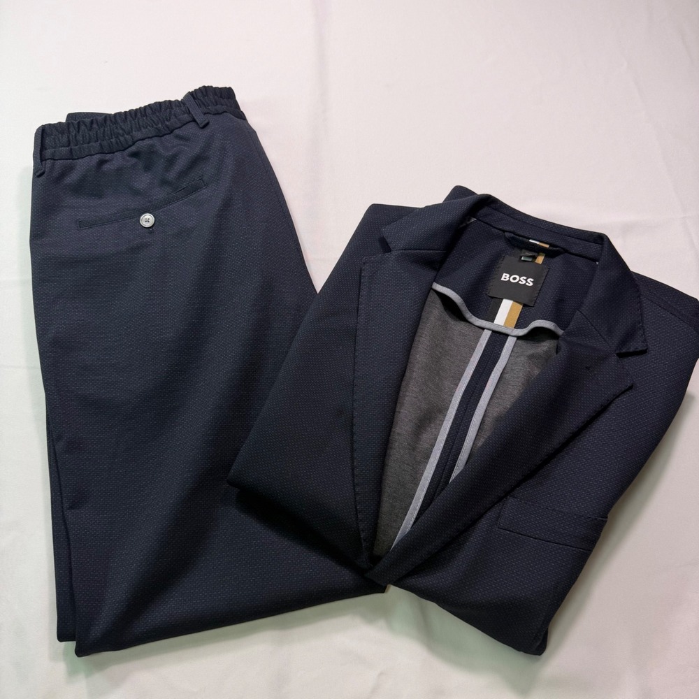 Hugo Boss Mens Navy Blue Textured Jersey Suit Blazer 44R Pants 36R 2 Piece Set